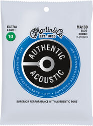 Cuerdas guitarra acústica Martin MA180 Acoustic Guitar 12-String Set Authentic SP 80/20 Bronze 10-47 - Juego de 12 cuerdas